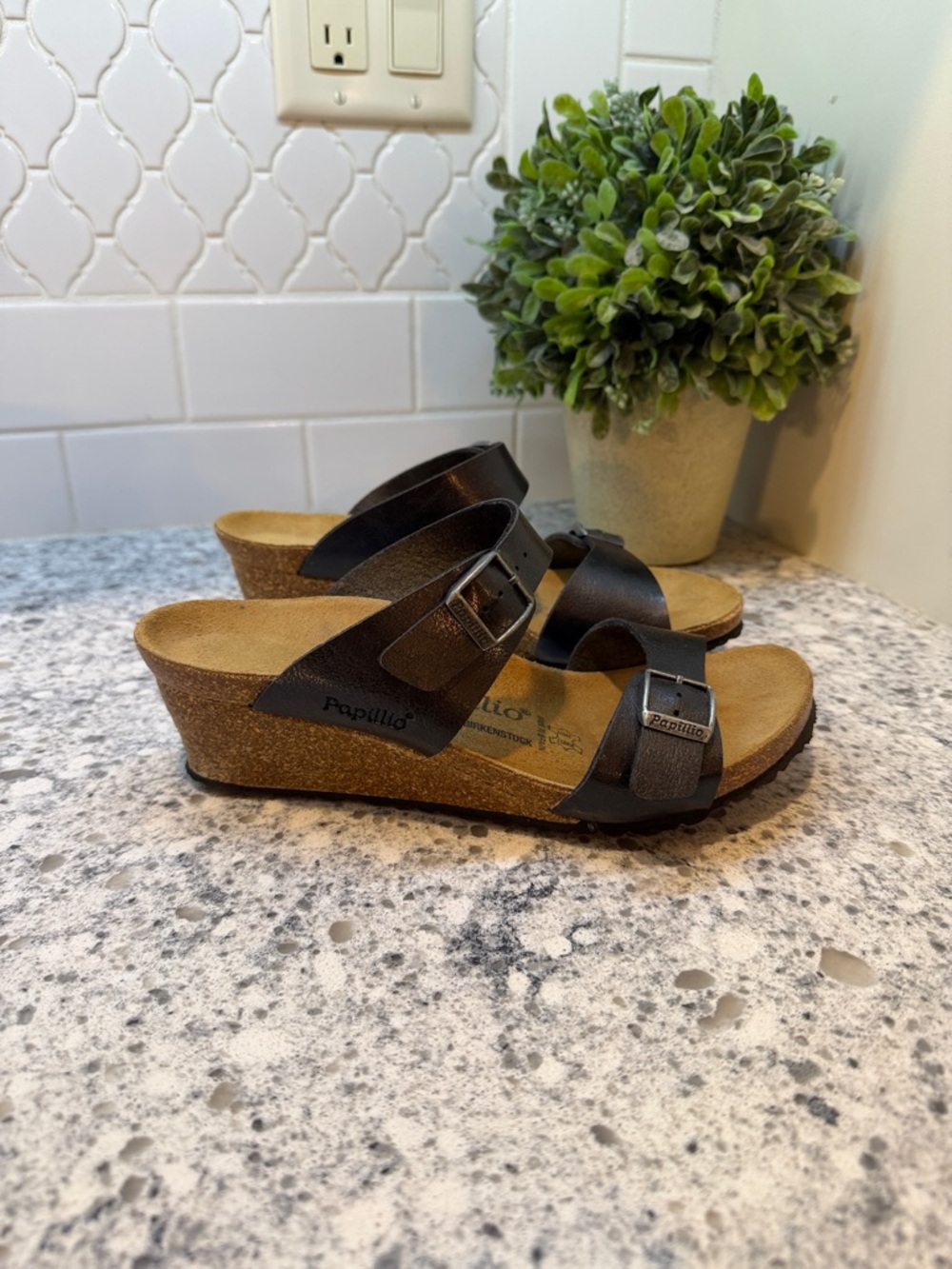 Papillio Birkenstock Dorothy Birko Flor Licorice Black Leather Wedge Sandal 38 7